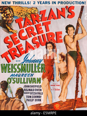 TARZAN'S SECRET TREASURE, US poster art, from left: Maureen O'Sullivan, Johnny Sheffield, Johnny Weissmuller, 1941 Stock Photo