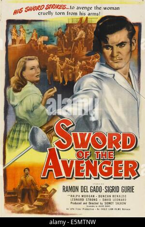 SWORD OF THE AVENGER, US poster, from left: Sigrid Gurie, Ramon Del Gado, 1948 Stock Photo