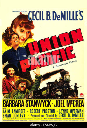 UNION PACIFIC, from top: Barbara Stanwyck, Joel McCrea, Lynne Overman, Akim Tamiroff on midget window card, 1939. Stock Photo