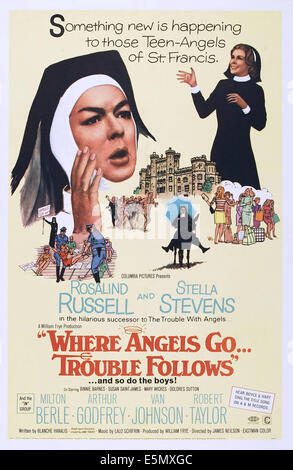 WHERE ANGELS GO . . . TROUBLE FOLLOWS, US poster art, from left: Rosalind Russell, Stella Stevens, 1968 Stock Photo