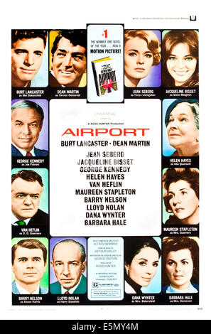 AIRPORT, US poster, (clockwise from top left): Burt Lancaster, Dean Martin, Jean Seberg, Jacqueline Bisset, Helen Hayes, Stock Photo
