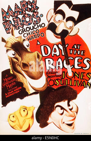 A DAY AT THE RACES, The Marx Brothers clockwise from top: Groucho Marx, Chico Marx, Harpo Marx on mini window card, 1937 Stock Photo