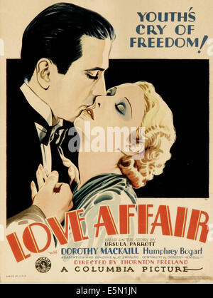 LOVE AFFAIR, from left: Humphrey Bogart, Dorothy Mackaill on window card, 1932. Stock Photo