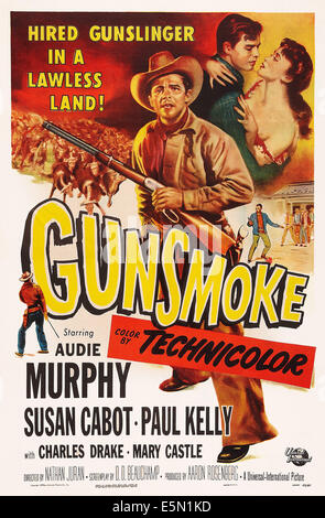 GUNSMOKE, USposter art, top from left: Audie Murphy, Susan Cabot, center: Audie Murphy, 1953. Stock Photo