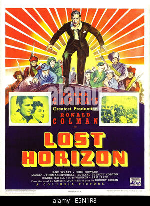 LOST HORIZON, top center: Ronald Colman, bottom left: Ronald Colman on window card, 1937. Stock Photo
