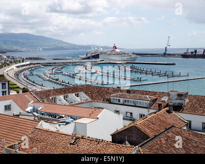 aerial view, Ponta Delgada town harbour, S.Miguel Island,the Azores cruise ship Stock Photo