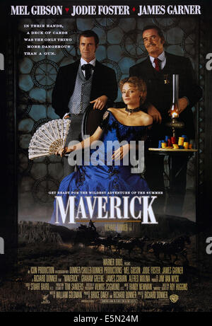 MAVERICK, US poster art, from left: Mel Gibson, Jodie Foster, James Garner, 1994, ©Warner Bros./courtesy Everett Collection Stock Photo