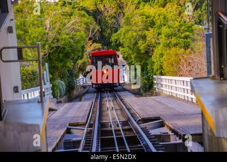 Welington cable car rail tracks and station lambton quay  skyline view of wellington town city. view of cable car with bay Stock Photo