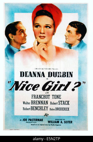 NICE GIRL?, from left: Franchot Tone, Deanna Durbin, Robert Stack on poster art, 1941. Stock Photo