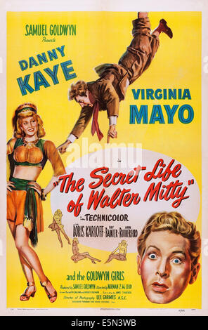 THE SECRET LIFE OF WALTER MITTY, US poster art, from left: Virginia Mayo, Danny Kaye, bottom right: Danny Kaye, 1947. Stock Photo