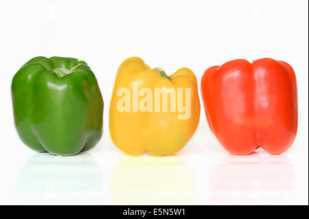 Green, yellow and red Pepper fruits (Capsicum annuum) Stock Photo