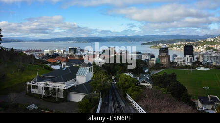 Welington cable car rail tracks and station lambton quay  skyline view of wellington town city. view of cable car with bay Stock Photo