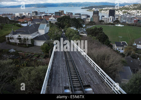 Welington cable car rail tracks and station lambton quay  skyline view of wellington town city. view of cable car with bay Stock Photo