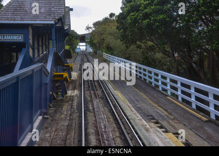 Welington cable car rail tracks and station lambton quay  skyline view of wellington town city. view down hill Salamanca station Stock Photo