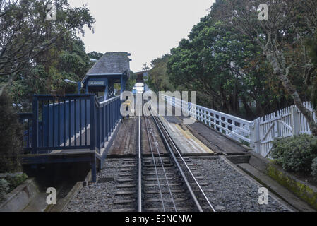 Welington cable car rail tracks and station lambton quay  skyline view of wellington town city. university station view Stock Photo