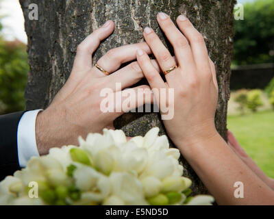 Bride and groom hands resting on a tree trunk Stock Photo