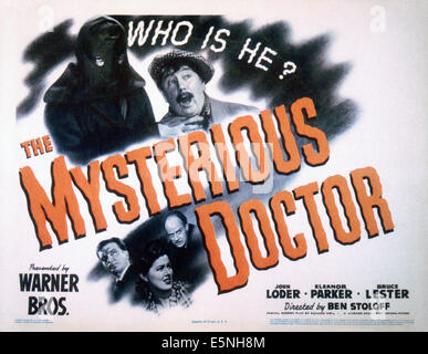 THE MYSTERIOUS DOCTOR, US lobbycard, Forrester Harvey (top), John Loder (bottom left), Eleanor Parker (bottom center), 1943 Stock Photo