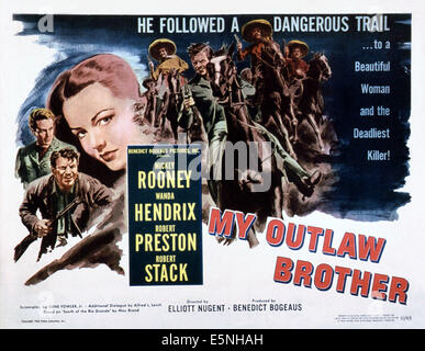 MY OUTLAW BROTHER, US lobbycard, from top left:  Wanda Hendrix, Robert Stack, Robert Preston; center:  Mickey Rooney, 1951 Stock Photo