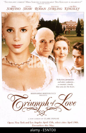 TRIUMPH OF LOVE, US poster, from left: Mira Sorvino, Ben Kingsley, Fiona Shaw, Jay Rodan, 2001, © Paramount Classics/courtesy Stock Photo