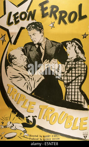 TRIPLE TROUBLE, US poster, from left: Leon Errol, Lee Trent, Claire Carleton, 1944 Stock Photo
