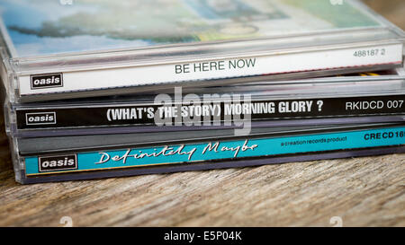 Oasis CD Albums, Definitely Maybe - 1994, What's The story Morning Glory - 1995, Be Here Now - 1997. Stock Photo