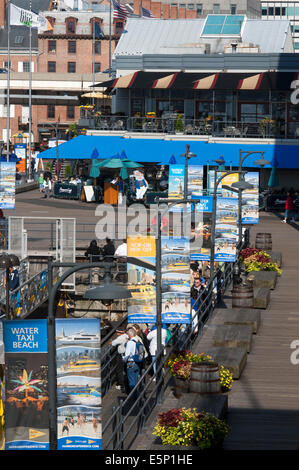 United States, New York City, Lower Manhattan, South Street and Seaport Pier 15, 16 and 17. Seaport Pier 16 and 17. At Pier 17, Stock Photo