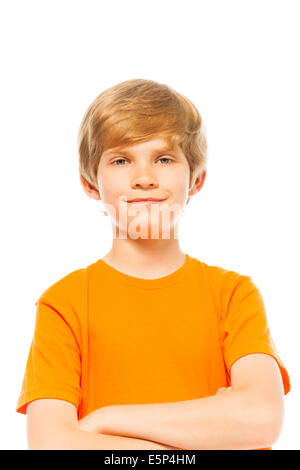 Portrait of a boy in orange shirt on white Stock Photo
