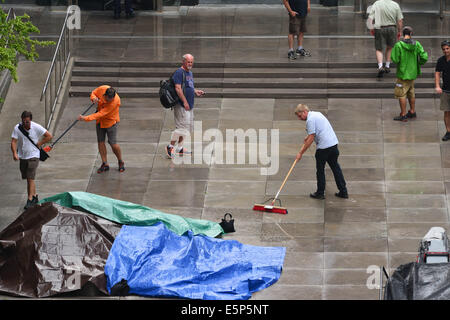 Toronto, Ontario, Canada. 4th Aug, 2014. On the movie set at 909 Bay Street in Toronto. 'Pixels' is an upcoming 2015 American 3D live-action/computer-animated film produced by Columbia Pictures and Happy Madison Productions. The film is directed by CHRIS COLUMBUS from a screenplay written by Tim Herlihy and Timothy Dowling. Main actors: ADAM SANDLER, KEVIN JAMES, JOSH GAD, PETER DINKLAGE, MICHELLE MONAGHAN, BRIAN COX, ASHLEY BENSON, and JANE KRAKOWSKI.Principal photography on the film began on June 2, 2014 in Toronto, Canada. Credit:  ZUMA Press, Inc./Alamy Live News Stock Photo