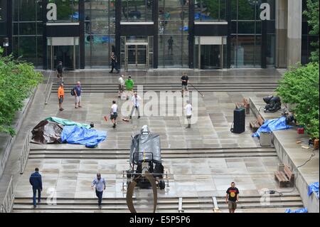 Toronto, Ontario, Canada. 4th Aug, 2014. On the movie set at 909 Bay Street in Toronto. 'Pixels' is an upcoming 2015 American 3D live-action/computer-animated film produced by Columbia Pictures and Happy Madison Productions. The film is directed by CHRIS COLUMBUS from a screenplay written by Tim Herlihy and Timothy Dowling. Main actors: ADAM SANDLER, KEVIN JAMES, JOSH GAD, PETER DINKLAGE, MICHELLE MONAGHAN, BRIAN COX, ASHLEY BENSON, and JANE KRAKOWSKI.Principal photography on the film began on June 2, 2014 in Toronto, Canada. Credit:  ZUMA Press, Inc./Alamy Live News Stock Photo