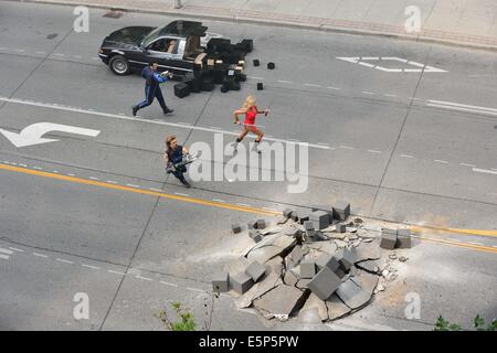 Toronto, Ontario, Canada. 4th Aug, 2014. On the movie set at 909 Bay Street in Toronto. 'Pixels' is an upcoming 2015 American 3D live-action/computer-animated film produced by Columbia Pictures and Happy Madison Productions. The film is directed by CHRIS COLUMBUS from a screenplay written by Tim Herlihy and Timothy Dowling. Main actors: ADAM SANDLER, KEVIN JAMES, JOSH GAD, PETER DINKLAGE, MICHELLE MONAGHAN, BRIAN COX, ASHLEY BENSON, and JANE KRAKOWSKI. Credit:  ZUMA Press, Inc./Alamy Live News Stock Photo