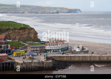 View of Whitby harbour from the top of the steps leading up to the Abbey. Stock Photo