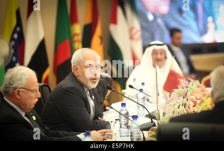Tehran, Iran. 4th Aug, 2014. Iranian Foreign Minister Mohammad Javad Zarif (2nd front) speaks during an emergency meeting of Palestine Committee of the Non-Aligned Movement (NAM) in Tehran, Iran, on Aug. 4, 2014. The NAM's one-day emergency meeting opened here on Monday. Credit:  Ahmad Halabisaz/Xinhua/Alamy Live News Stock Photo