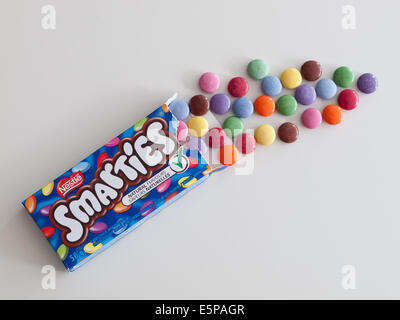 A box of colourful Smarties candy, manufactured by Nestlé Stock Photo