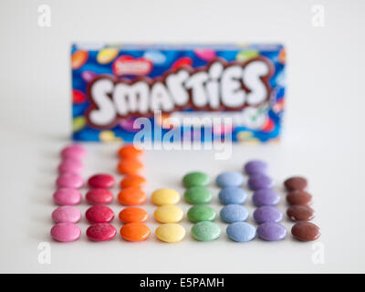 A box of colourful Smarties candy, manufactured by Nestlé Stock Photo ...