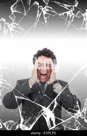 Troubled businessman with headache screaming in pain behind broken glass, Stressed man suffering from migraine with texture conc Stock Photo