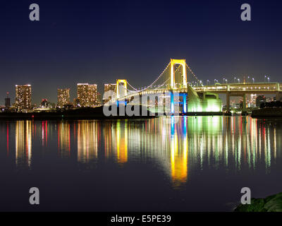 Rainbow Bridge at Night from Odaiba Park, Tokyo, Japan Stock Photo