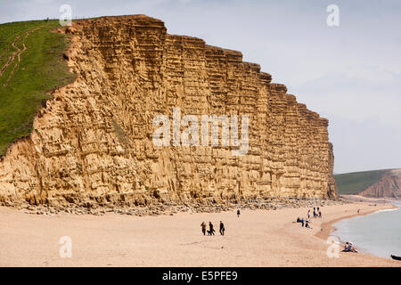UK England, Dorset, West Bay, visitors on beach below the cliffs Stock Photo