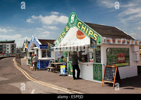 UK England, Dorset, West Bay, harbourside fish and chip stalls Stock Photo