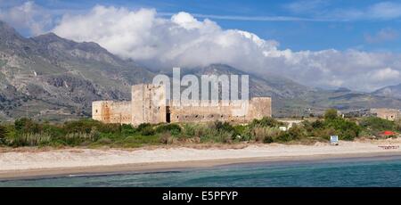 Venetian Castle in front of Lefka Ori Mountains (White Mountains), Frangokastello, Chania, Crete, Greek Islands, Greece, Europe Stock Photo