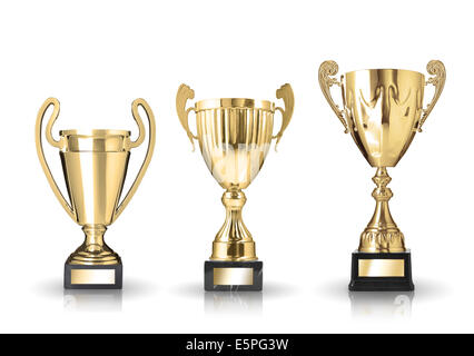 three different kind of golden trophies. Isolated on white background Stock Photo