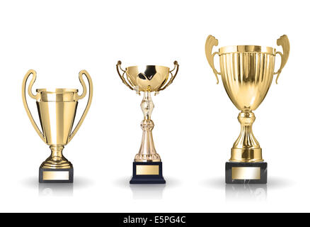 three different kind of golden trophies. Isolated on white background Stock Photo