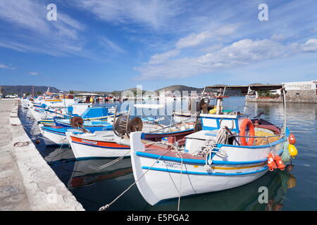 Fishing boats and harbour, Elounda, Lasithi, Gulf of Mirabello, Crete, Greek Islands, Greece, Europe Stock Photo