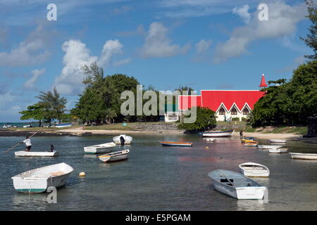 The red roofed church at Cap Malheureux on the northwest coast of Mauritius, Indian Ocean, Africa Stock Photo