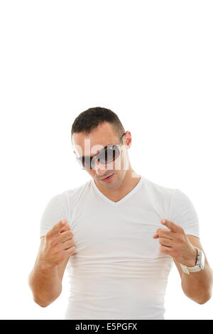 Handsome serious attractive man with sunglasses pointing towards camera with both hands Stock Photo