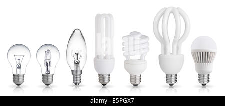 set of incandescent, halogen, compact fluorescent, LED light bulbs isolated on white background Stock Photo