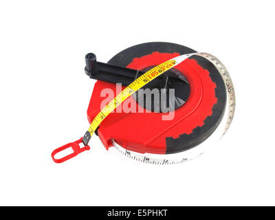 Close up photo of a yellow tape measure on a white background. Stock Photo