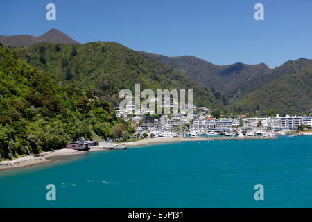 Picton harbour from ferry, Picton, Marlborough Region, South Island, New Zealand, Pacific Stock Photo