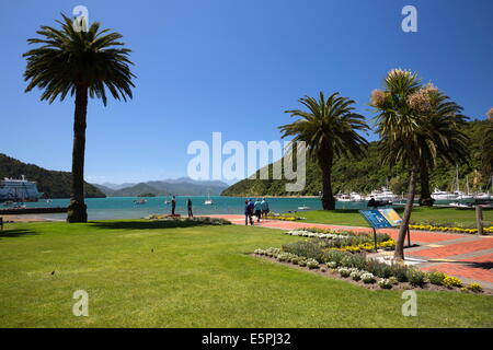 Waterfront gardens, Picton, Marlborough Region, South Island, New Zealand, Pacific Stock Photo