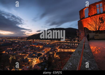 Heidelberg Altstadt and Castle ruins with Neckar River at night, Heiligenberg, Baden Wurttemberg, Germany, Europe Stock Photo