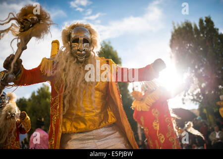 Dancers in traditional costume, Fiesta de la Virgen de la Candelaria, Copacabana, Lake Titicaca, Bolivia, South America Stock Photo